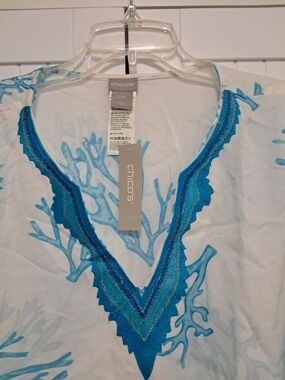 Chico's White Tunic/Swim Coverup w/ Turquoise Blue Embroidery Sz L/XL 14/16 NWT